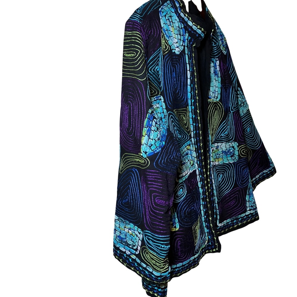 Life Style Petite Jacket Women PXL Black Blue Embroidered Art Boho Open Front - Picture 4 of 10